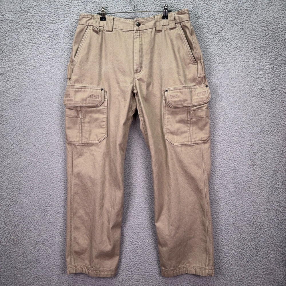 Duluth Pants Mens 36x32 Khaki Fire Hose Relaxed Fit Cargo Work Utility Rugged